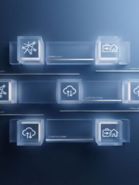 Moderne digitale gereedschapskist met geometrische vormen en IT-pictogrammen in blauw kleurenpalet voor zakelijke oplossingen