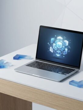 Moderne laptop op bureau met digitale transformatie-iconen en blauwe puzzelstukjes die IT-expertise symboliseren