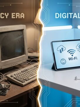 Gesplitst scherm toont digitale transformatie: oude stoffige computers links, moderne apparaten en cloud-symbolen rechts