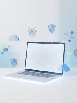 Moderne laptop omringd door zwevende digitale pictogrammen zoals cloud, wifi en beveiligingsschilden op witte achtergrond