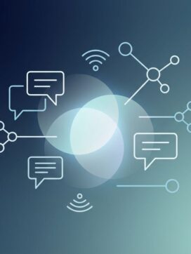 Minimalistische geometrische compositie met communicatie-iconen, wifi-signalen en netwerkknooppunten op navy-teal verloop