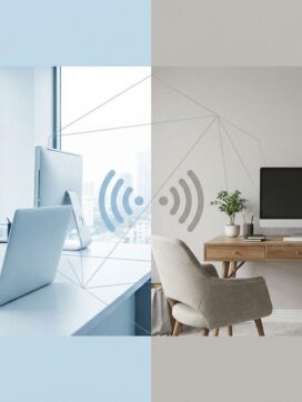 Gesplitst scherm toont moderne kantoorwerkplek en thuiswerkruimte verbonden door draadloze signaallijnen in zachte blauwtinten