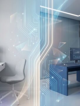 Twee minimalistische werkruimtes verbonden door geometrische lijnen: thuiskantoor links, bedrijfskantoor rechts in blauw-grijze tinten