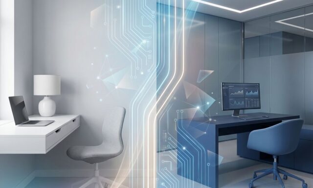 Twee minimalistische werkruimtes verbonden door geometrische lijnen: thuiskantoor links, bedrijfskantoor rechts in blauw-grijze tinten