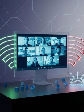 Bevroren computerscherm met videogesprek en zwakke WiFi-signaalbalken die van groen naar rood vervagen op blauwe achtergrond