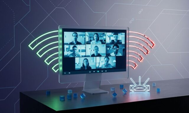 Bevroren computerscherm met videogesprek en zwakke WiFi-signaalbalken die van groen naar rood vervagen op blauwe achtergrond