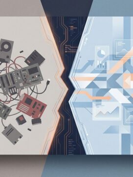 Split-screen vergelijking van chaotische versus georganiseerde IT-infrastructuur met kabels, apparaten en geometrische vormen