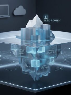 Ijsberg in digitale wateren toont zichtbare IT-kosten bovenwater en verborgen uitgaven onderwater in blauwtinten