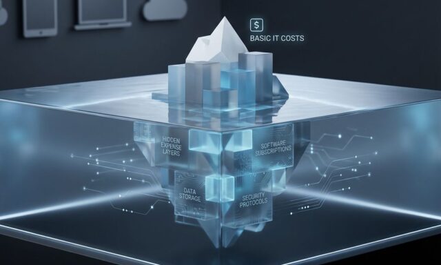 Ijsberg in digitale wateren toont zichtbare IT-kosten bovenwater en verborgen uitgaven onderwater in blauwtinten