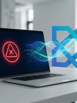 Laptop met rode foutmelding naast vloeiende blauwe en groene datastromen, symboliseert IT-probleemoplossing