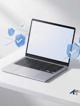 Laptop op witte ondergrond met zwevende beveiligingsschilden en vinkjes in blauw-wit design voor remote werk