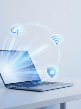 Moderne laptop met lichtstralen en zwevende tech-iconen voor cloud, wifi en beveiliging in minimalistische blauwe stijl