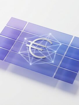 Geometrisch raster met euro-symbool in paarse en blauwe gradaties op witte achtergrond voor zakelijke technologie