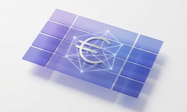 Geometrisch raster met euro-symbool in paarse en blauwe gradaties op witte achtergrond voor zakelijke technologie