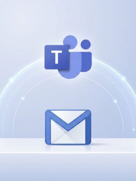 Microsoft Teams logo verbonden met Gmail envelop icoon door gloeiende brug op blauwe gradiënt achtergrond