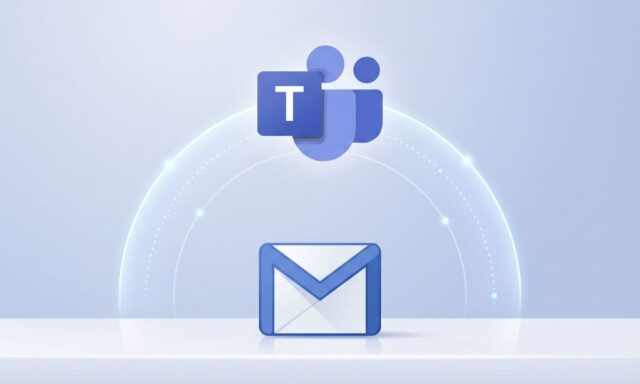 Microsoft Teams logo verbonden met Gmail envelop icoon door gloeiende brug op blauwe gradiënt achtergrond