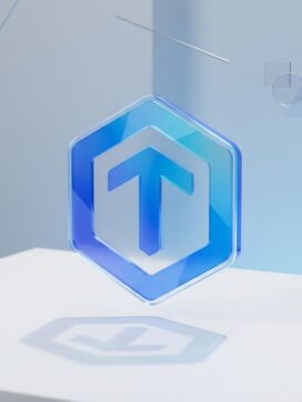 Hexagonaal Microsoft Teams-pictogram in blauwtinten op witte ondergrond met geometrische schaduwen en verbindingslijnen