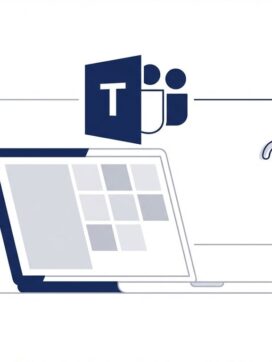Microsoft Teams logo boven laptop silhouet met vraagteken, navy blauw en wit minimalistisch ontwerp
