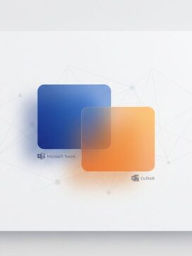 Overlappende blauwe en oranje rechthoeken symboliseren Microsoft Teams en Outlook integratie op witte achtergrond