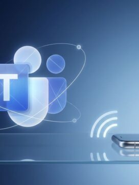 Microsoft Teams-pictogram zweeft boven blauwe achtergrond met netwerklijnen en smartphone met signaalwaves