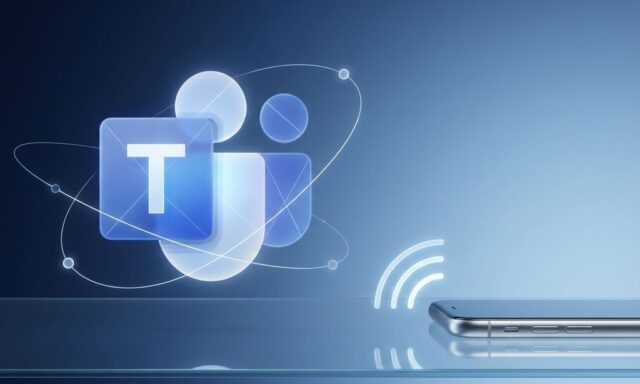 Microsoft Teams-pictogram zweeft boven blauwe achtergrond met netwerklijnen en smartphone met signaalwaves