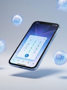 Smartphone met Microsoft Teams interface-elementen in minimalistische blauwe en witte compositie met geometrische patronen