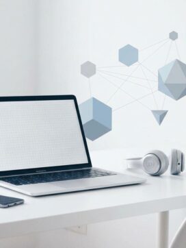 Minimalistische werkplek met laptop, smartphone en headset op wit bureau met blauwe geometrische vormen op achtergrond