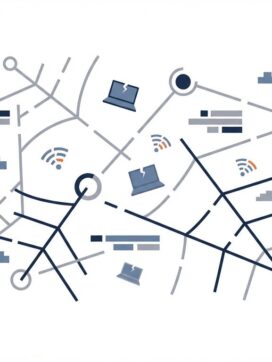 Abstracte geometrische vormen tonen netwerkverbindingsproblemen met onderbroken wifi-signalen en laptops op witte achtergrond