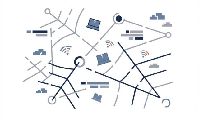 Abstracte geometrische vormen tonen netwerkverbindingsproblemen met onderbroken wifi-signalen en laptops op witte achtergrond