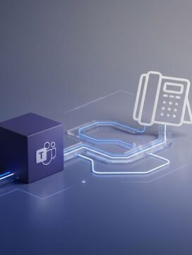 Paarse Microsoft Teams-kubus verbonden met VoIP-telefoon icoon via geometrische datapaden op donkerblauwe achtergrond