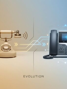 Vintage draaitelefoon en moderne VoIP-telefoon verbonden door geometrische lijnen, toont evolutie van telefonie-technologie