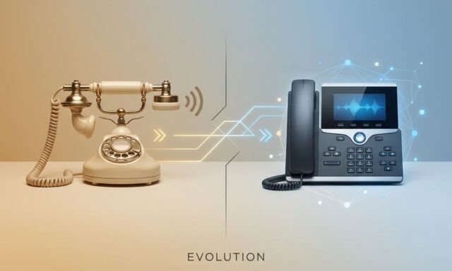 Vintage draaitelefoon en moderne VoIP-telefoon verbonden door geometrische lijnen, toont evolutie van telefonie-technologie