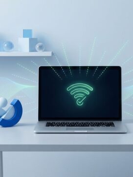 Moderne thuiskantoor met laptop en netwerkpictogram, omringd door geometrische vormen in blauw en wit met groene accenten