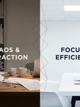 Gesplitste weergave van rommelige thuiswerkplek links versus georganiseerde kantooromgeving rechts, met contrast in verlichting