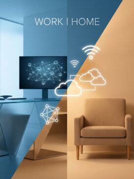 Gesplitst scherm toont moderne kantoorruimte die overgaat in thuiswerkplek met wifi-iconen en netwerkverbindingen