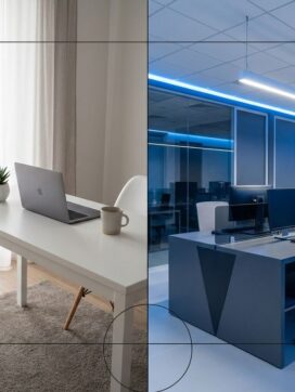 Split-screen vergelijking van thuiskantoor met laptop en plant versus modern bedrijfskantoor met blauwe verlichting