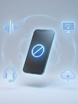 Smartphone met doorstreept symbool omringd door VoIP, computer, headset en cloud iconen in blauw-wit design