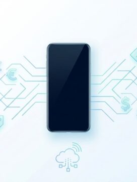 Smartphone met VoIP-netwerkverbindingen en kostensymbolen in minimalistische blauwe gradiënt compositie