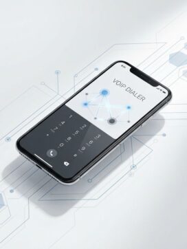 Moderne smartphone met VoIP-verbindingslijnen en netwerkinterface in professionele blauwe en grijze kleuren