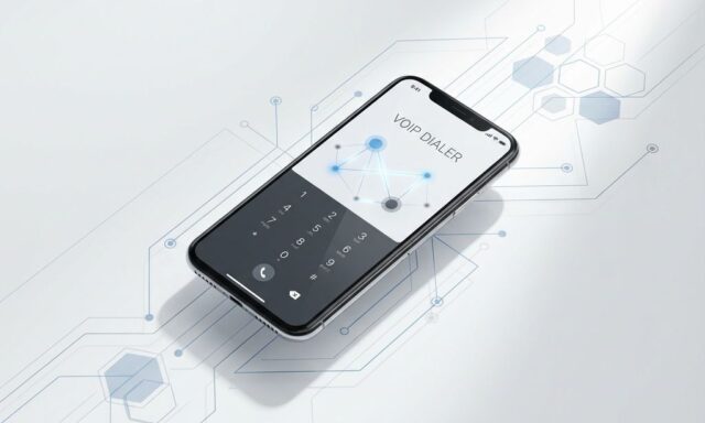 Moderne smartphone met VoIP-verbindingslijnen en netwerkinterface in professionele blauwe en grijze kleuren