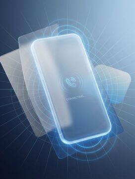 Smartphone met VoIP-interface omringd door draadloze signalen en geometrische vormen in blauw-grijze tinten