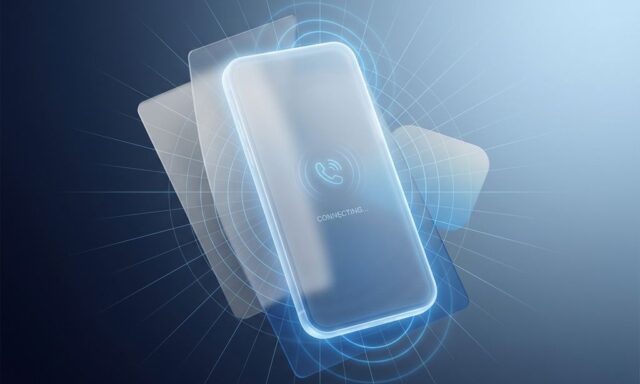 Smartphone met VoIP-interface omringd door draadloze signalen en geometrische vormen in blauw-grijze tinten