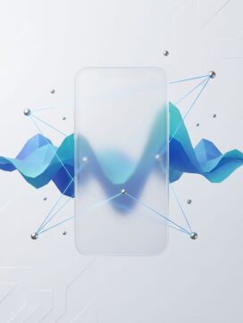 Smartphone met VoIP-signalen en netwerkverbindingen in blauw en teal gradient voor zakelijke telecommunicatie