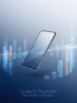 Smartphone met gevisualiseerde bandbreedte balken en datasignalen op blauwe gradiënt achtergrond voor telecommunicatie