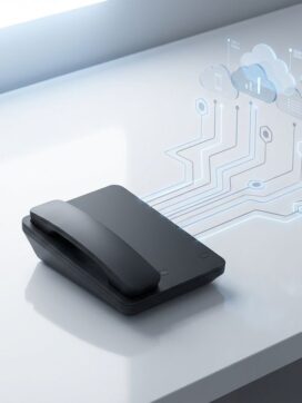 Moderne vaste telefoon verbonden met digitale netwerkpunten via geometrische lijnen, VoIP technologie concept