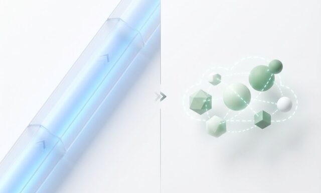 Vergelijking van VPN-tunnel en cloudtoegang met geometrische vormen en datastromen op witte achtergrond