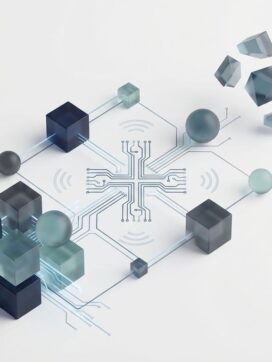 Geometrische netwerkknopen in blauw en grijs tonen verbonden en losgekoppelde gezondheidszorgtechnologie op witte achtergrond