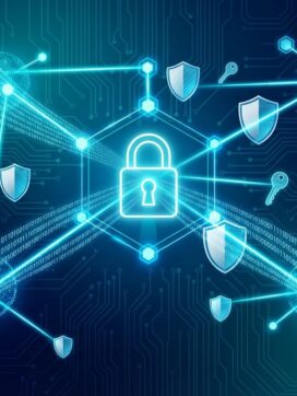 Digitale beveiliging visualisatie met verlichte hangslot, encryptiesymbolen en binaire code in blauw-cyaan kleurenpalet