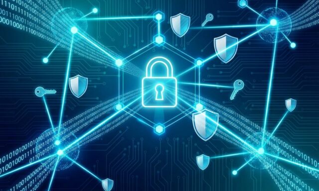 Digitale beveiliging visualisatie met verlichte hangslot, encryptiesymbolen en binaire code in blauw-cyaan kleurenpalet