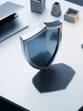Metalen schild op wit bureau naast laptop en smartphone, overhead weergave met scherpe geometrische schaduw